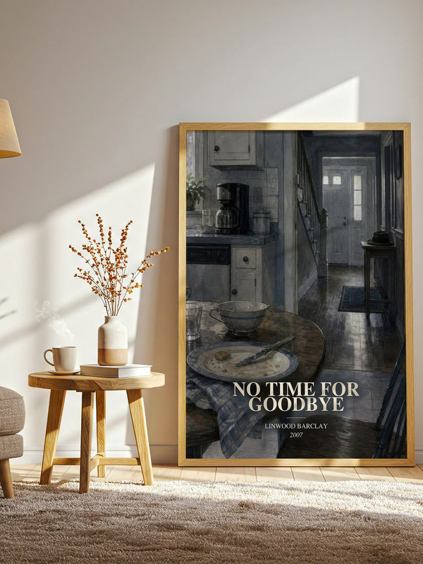 No Time for Goodbye watercolour print in frame leaning in hallway – thriller wall art