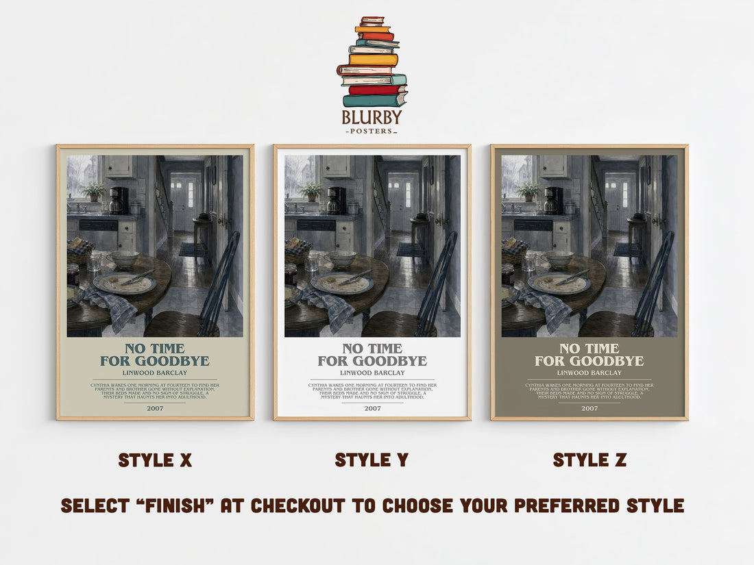No Time for Goodbye bookish print in frame leaning in hallway – thriller wall art (mockup)