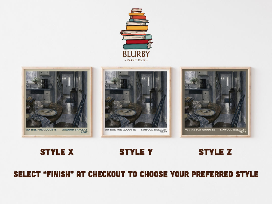 No Time for Goodbye literary print in frame leaning in hallway – thriller wall art (mockup)
