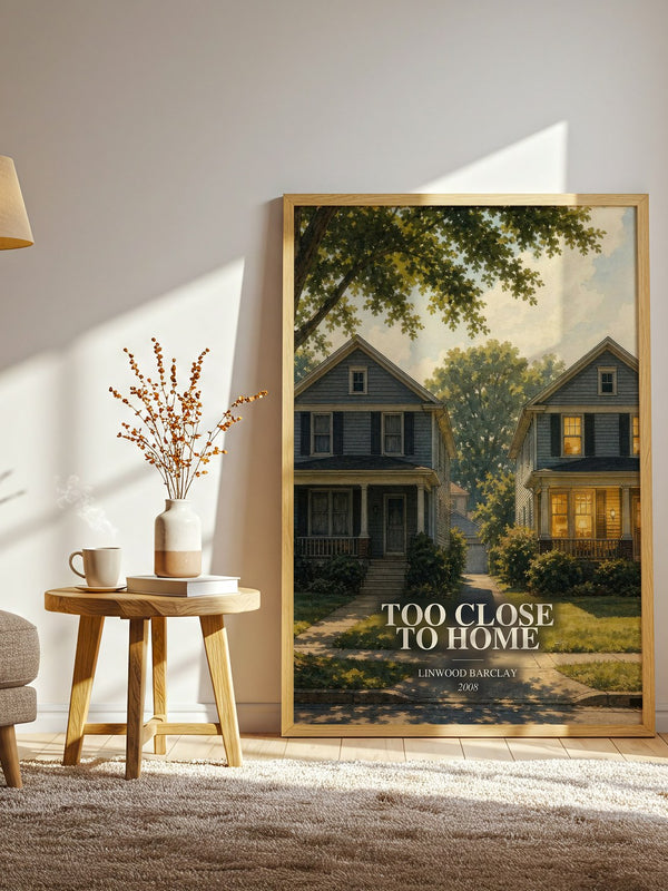 Too Close to Home watercolour print in frame leaning in hallway – thriller wall art