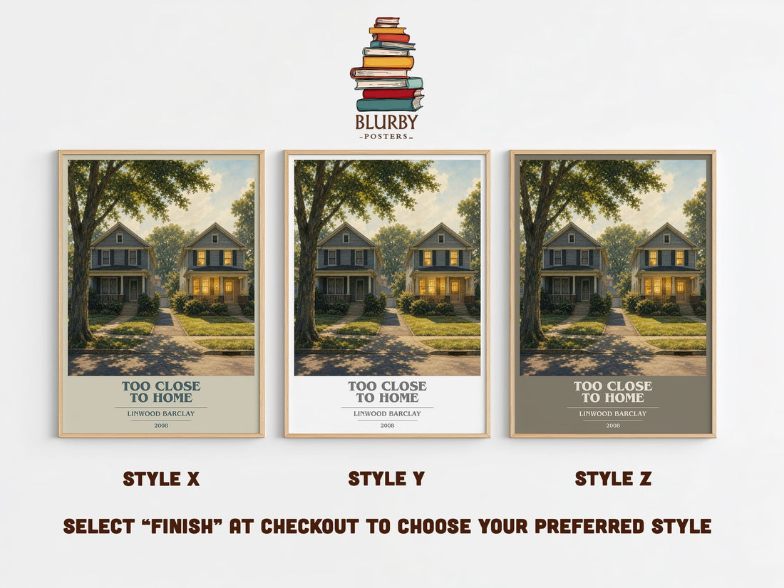 Too Close to Home book cover print in frame leaning in hallway – thriller wall art (mockup)