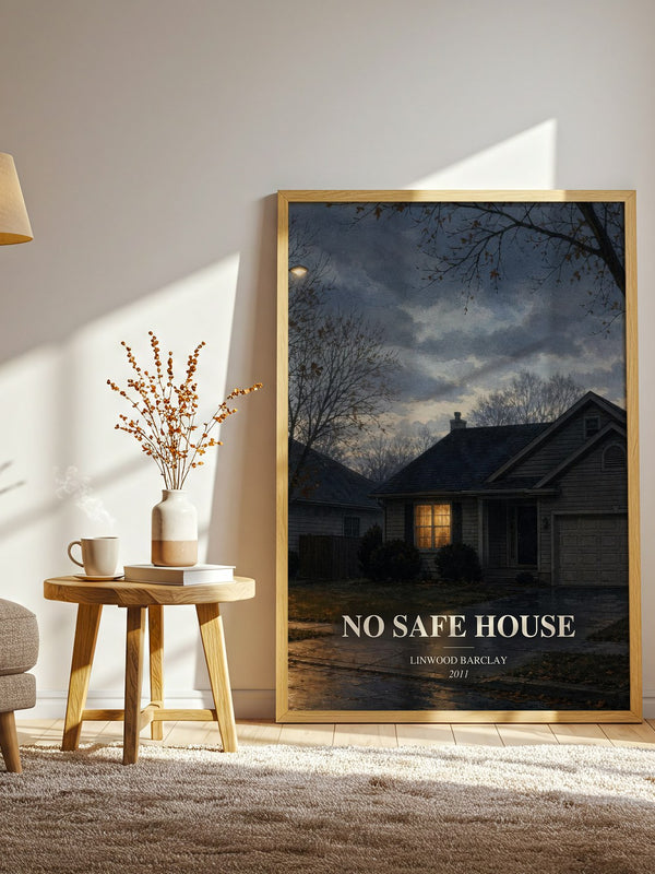 No Safe House watercolour print in frame leaning in hallway – thriller wall art