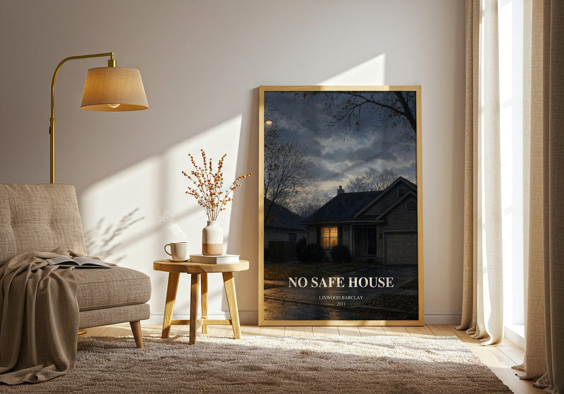 No Safe House watercolour print in frame leaning in hallway – thriller wall art (mockup)
