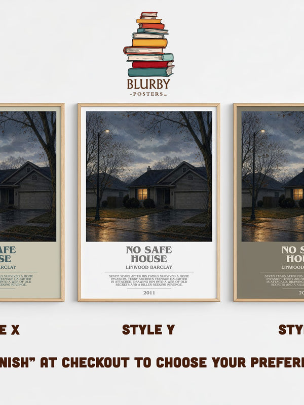 No Safe House bookish print in frame leaning in hallway – thriller wall art