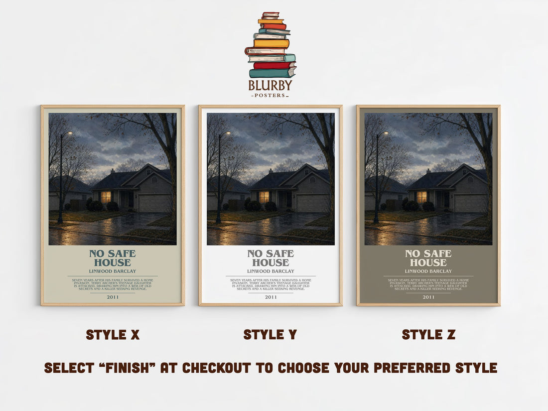 No Safe House bookish print in frame leaning in hallway – thriller wall art (mockup)