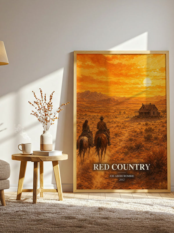 Red Country watercolour print in frame leaning in hallway – fantasy wall art