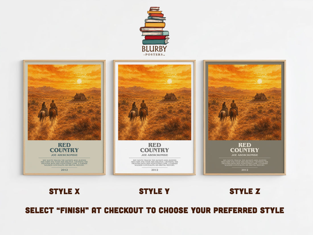 Red Country bookish print in frame leaning in hallway – fantasy wall art (mockup)