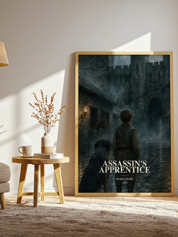 Assassin's Apprentice watercolour print in frame leaning in hallway – fantasy wall art