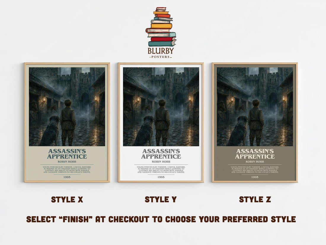 Assassin's Apprentice bookish print in frame leaning in hallway – fantasy wall art (mockup)
