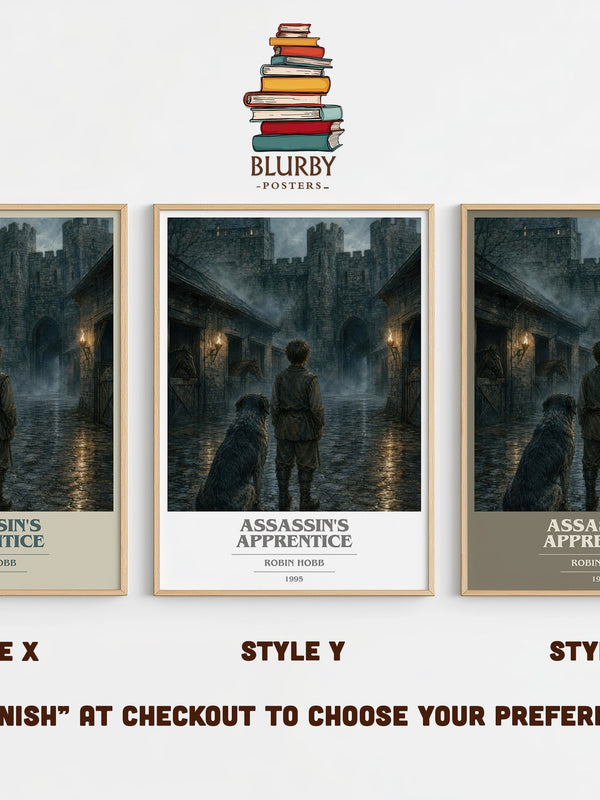 Assassin's Apprentice book cover print in frame leaning in hallway – fantasy wall art