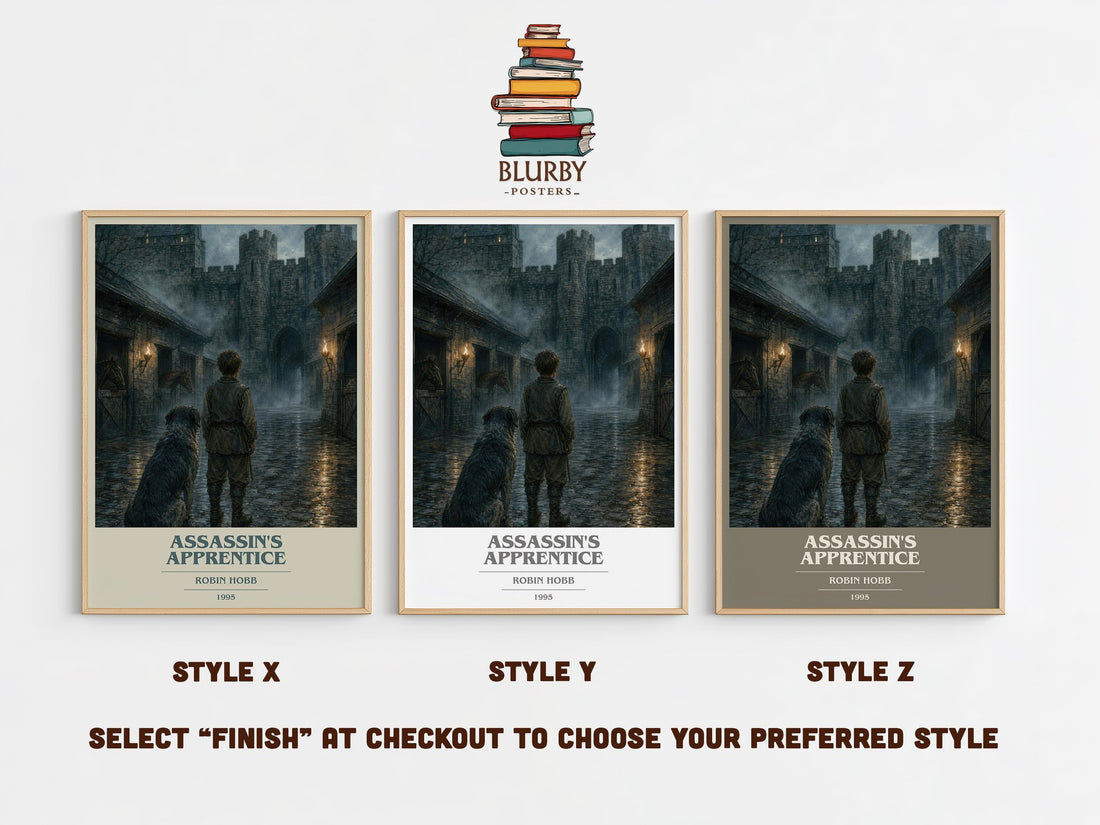 Assassin's Apprentice book cover print in frame leaning in hallway – fantasy wall art (mockup)