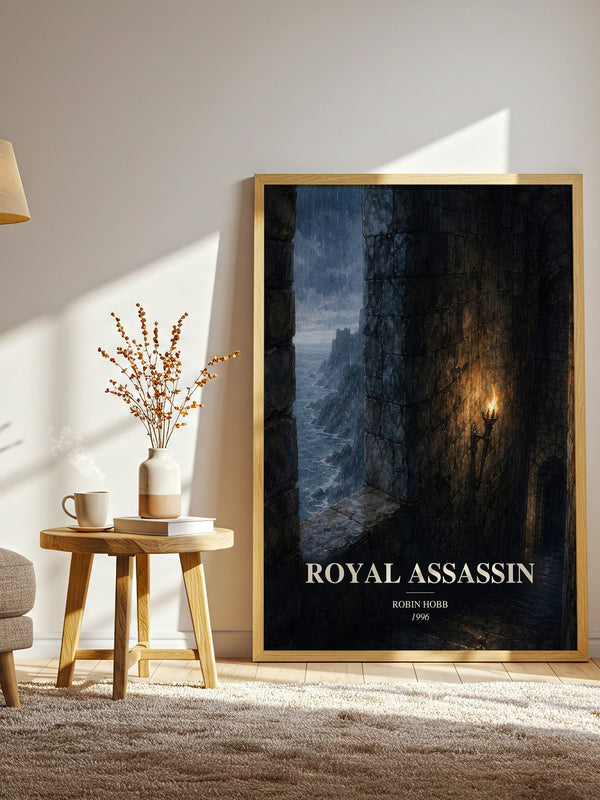 Royal Assassin watercolour print in frame leaning in hallway – fantasy wall art