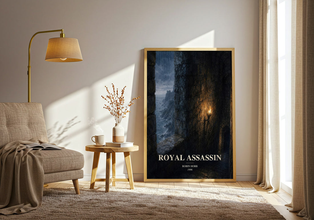 Royal Assassin watercolour print in frame leaning in hallway – fantasy wall art (mockup)