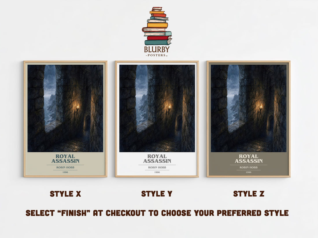 Royal Assassin book cover print in frame leaning in hallway – fantasy wall art (mockup)