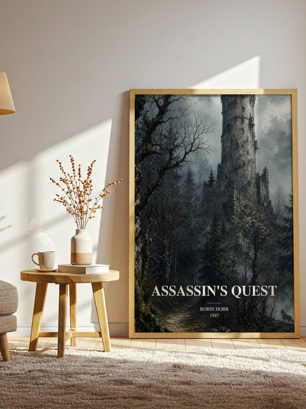 Assassin's Quest watercolour print in frame leaning in hallway – fantasy wall art