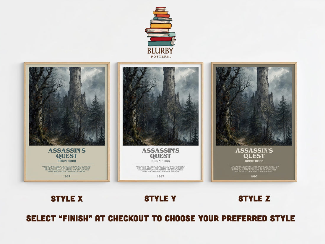 Assassin's Quest bookish print in frame leaning in hallway – fantasy wall art (mockup)