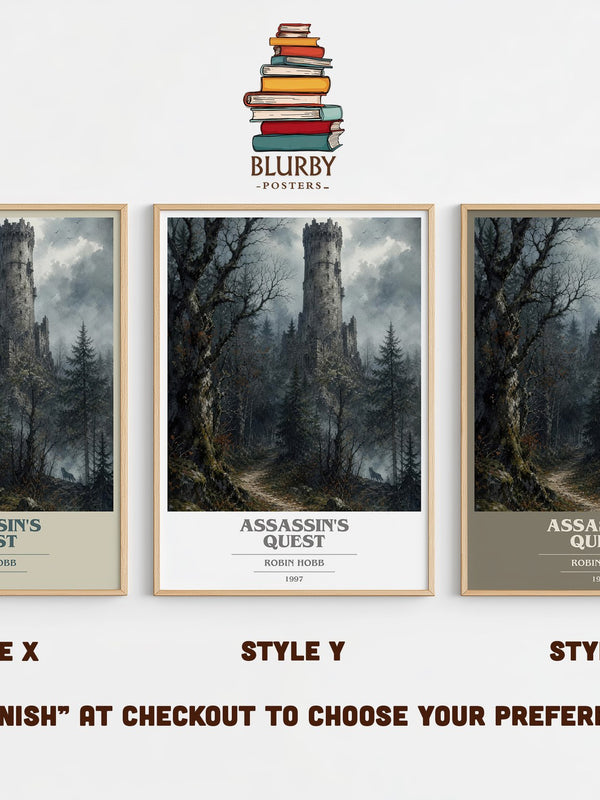 Assassin's Quest book cover print in frame leaning in hallway – fantasy wall art