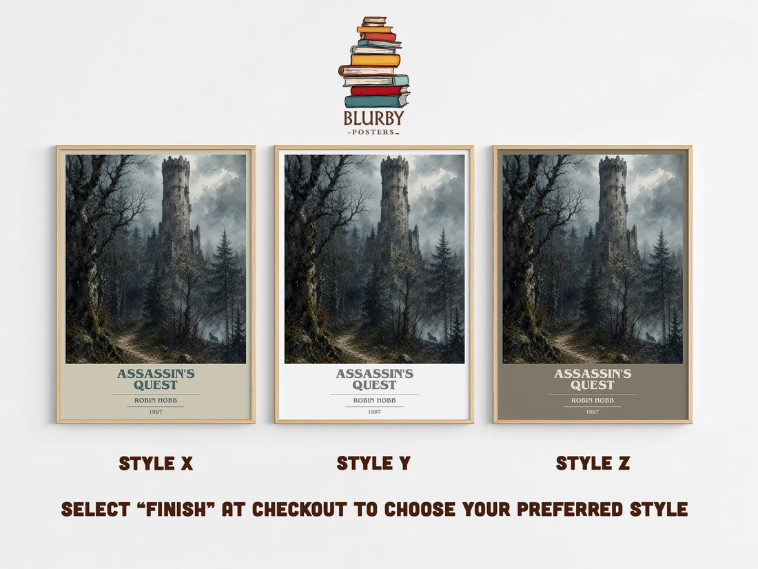 Assassin's Quest book cover print in frame leaning in hallway – fantasy wall art (mockup)