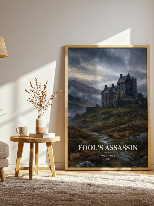 Fool's Assassin watercolour print in frame leaning in hallway – fantasy wall art
