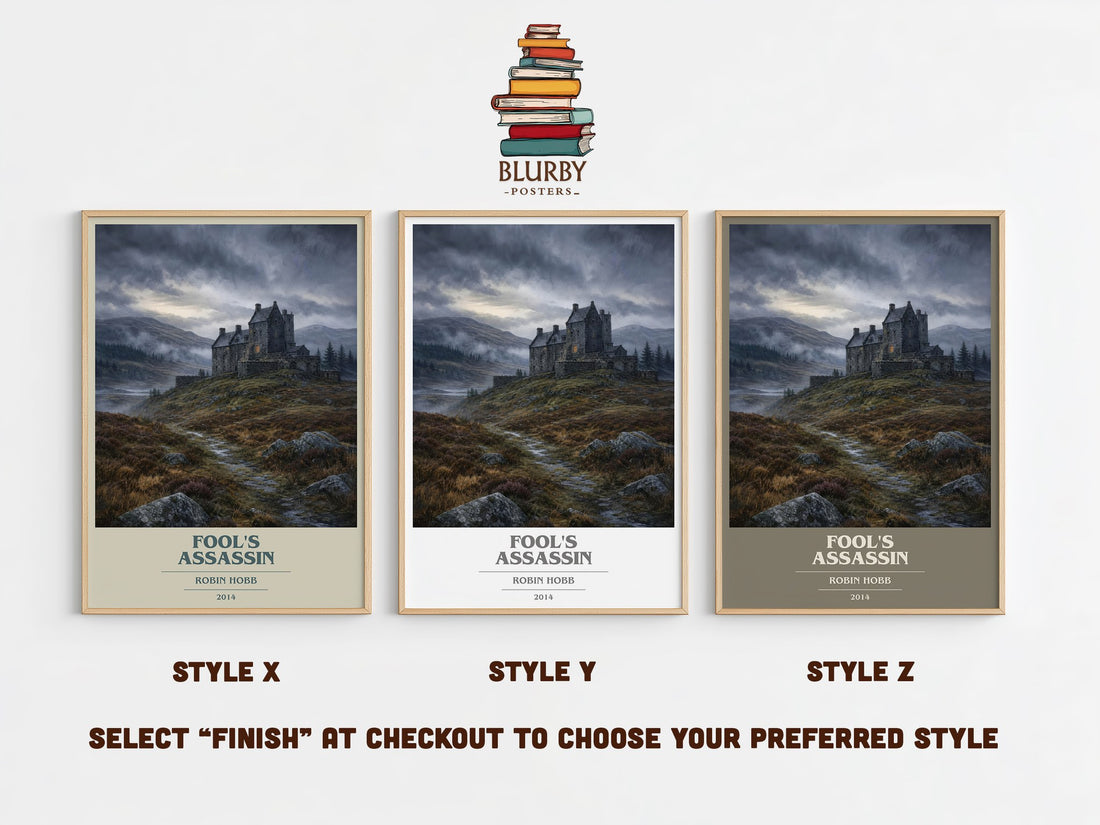 Fool's Assassin book cover print in frame leaning in hallway – fantasy wall art (mockup)