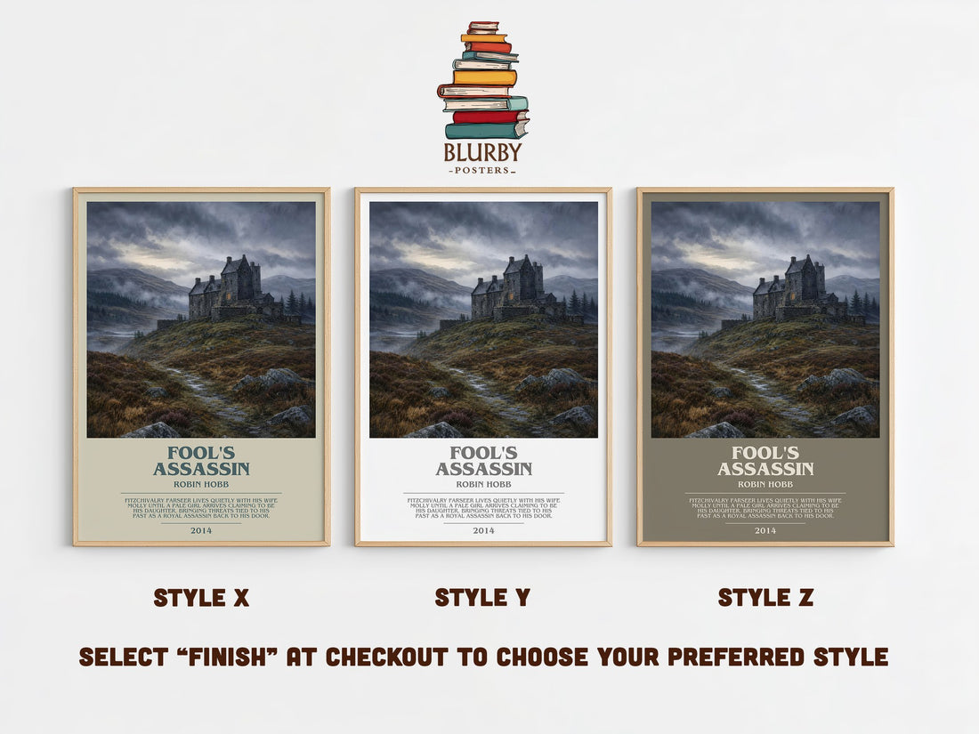 Fool's Assassin bookish print in frame leaning in hallway – fantasy wall art (mockup)