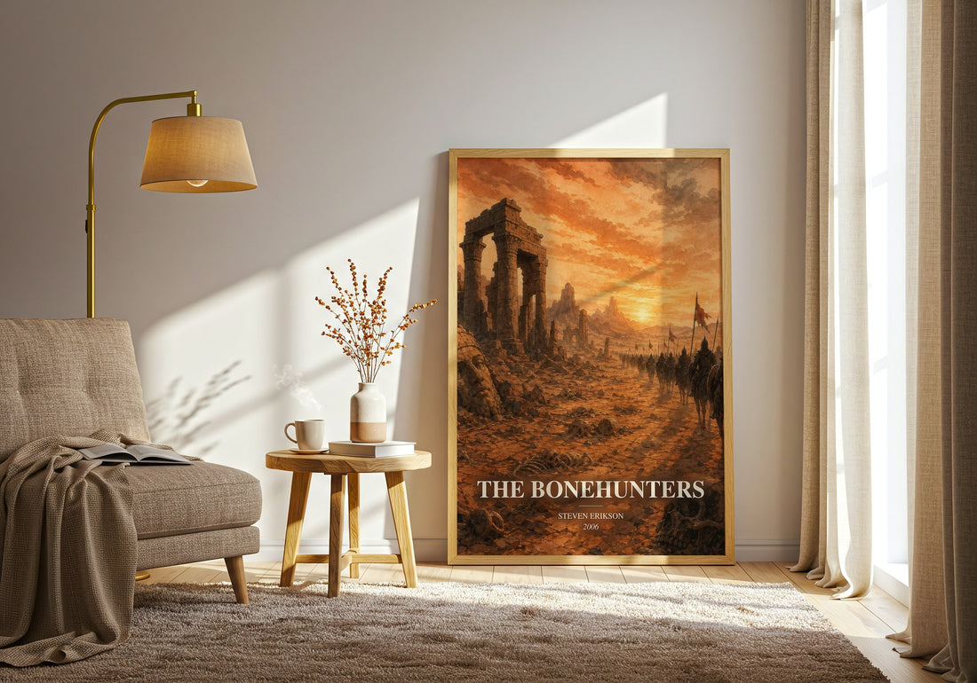 The Bonehunters watercolour print in frame leaning in hallway – fantasy wall art (mockup)