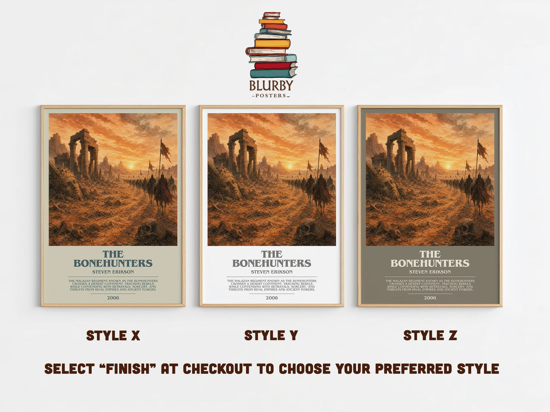 The Bonehunters bookish print in frame leaning in hallway – fantasy wall art (mockup)
