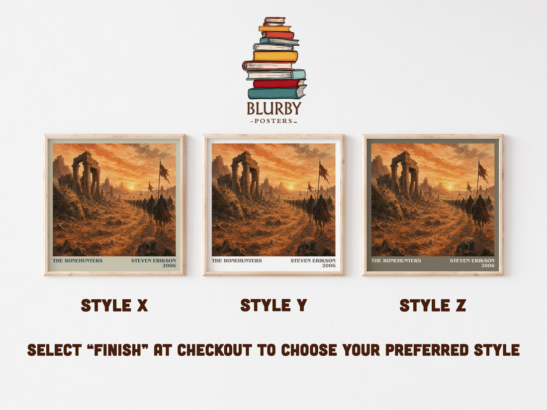 The Bonehunters literary print in frame leaning in hallway – fantasy wall art (mockup)
