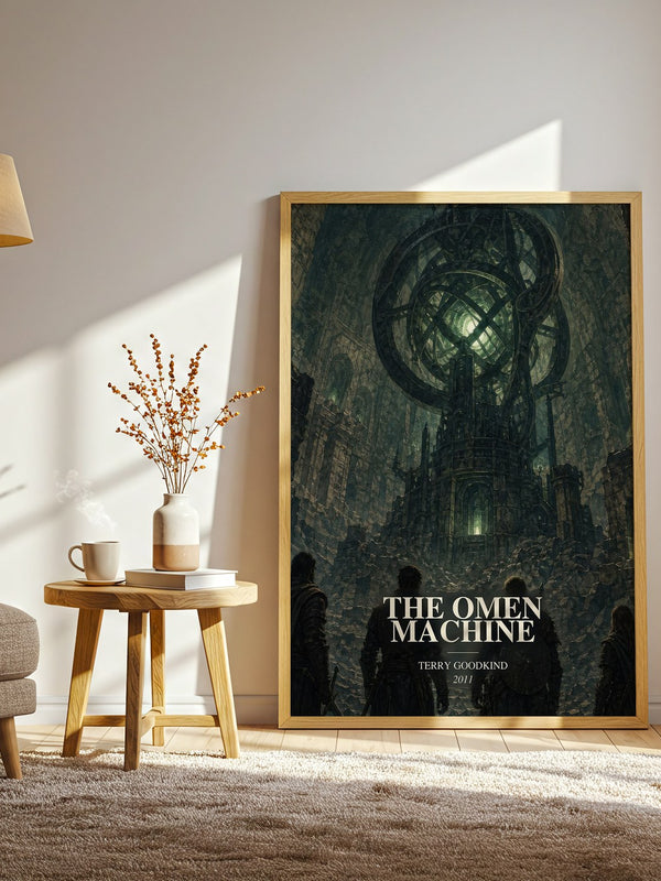 The Omen Machine watercolour print in frame leaning in hallway – fantasy wall art