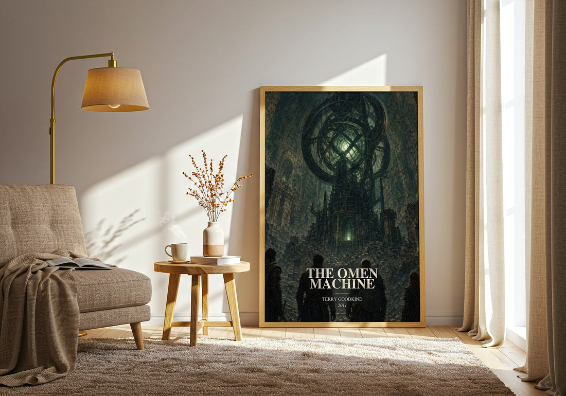 The Omen Machine watercolour print in frame leaning in hallway – fantasy wall art (mockup)