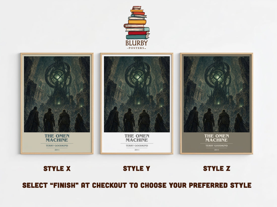 The Omen Machine book cover print in frame leaning in hallway – fantasy wall art (mockup)