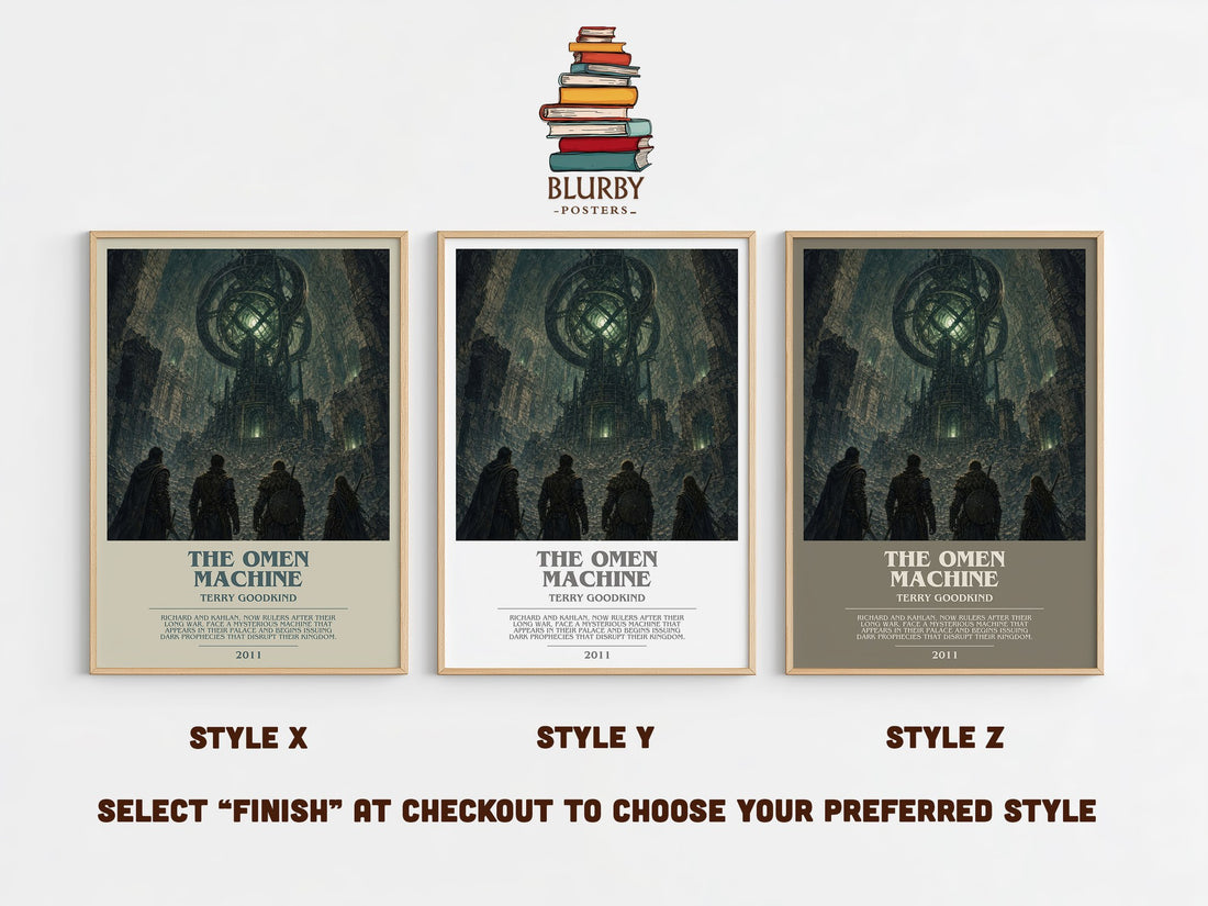 The Omen Machine bookish print in frame leaning in hallway – fantasy wall art (mockup)