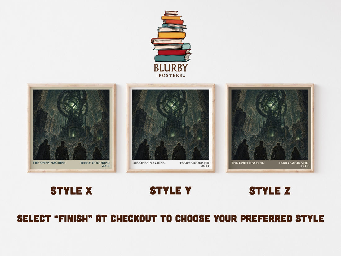 The Omen Machine literary print in frame leaning in hallway – fantasy wall art (mockup)