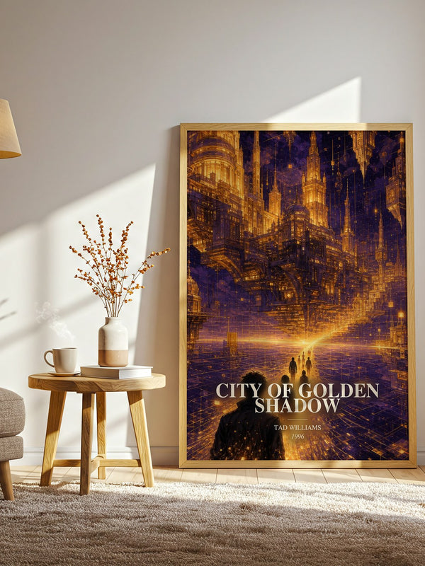 City of Golden Shadow watercolour print in frame leaning in hallway – sci fi wall art