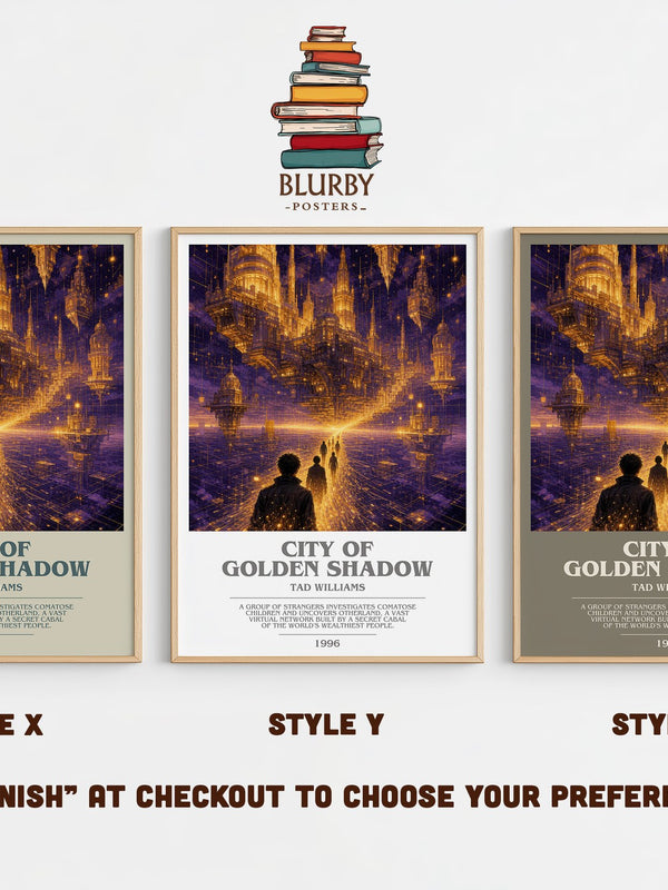 City of Golden Shadow bookish print in frame leaning in hallway – sci fi wall art