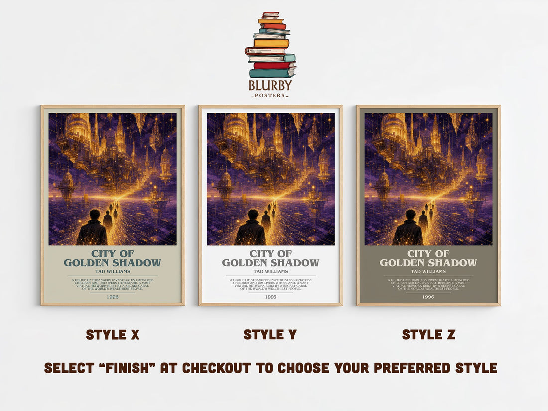 City of Golden Shadow bookish print in frame leaning in hallway – sci fi wall art (mockup)