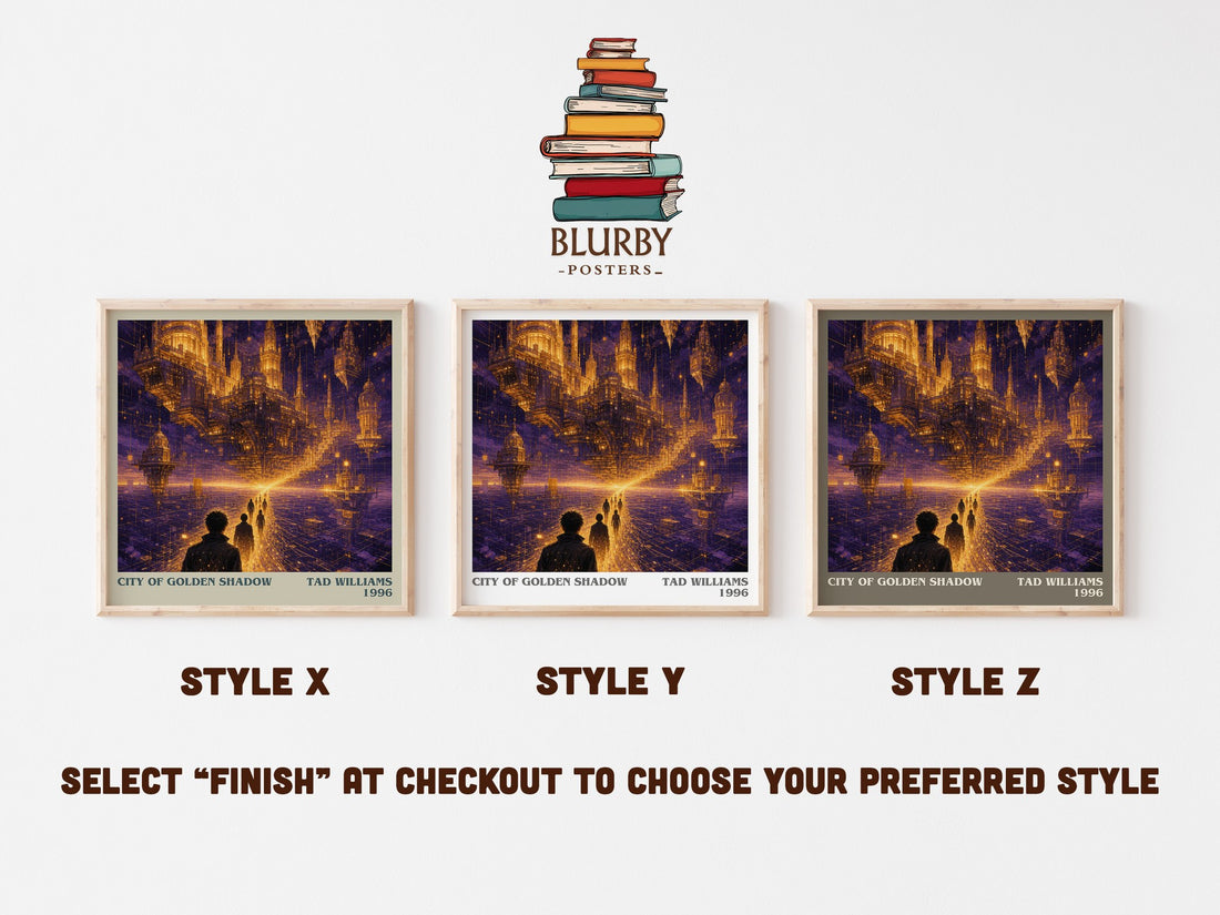 City of Golden Shadow literary print in frame leaning in hallway – sci fi wall art (mockup)