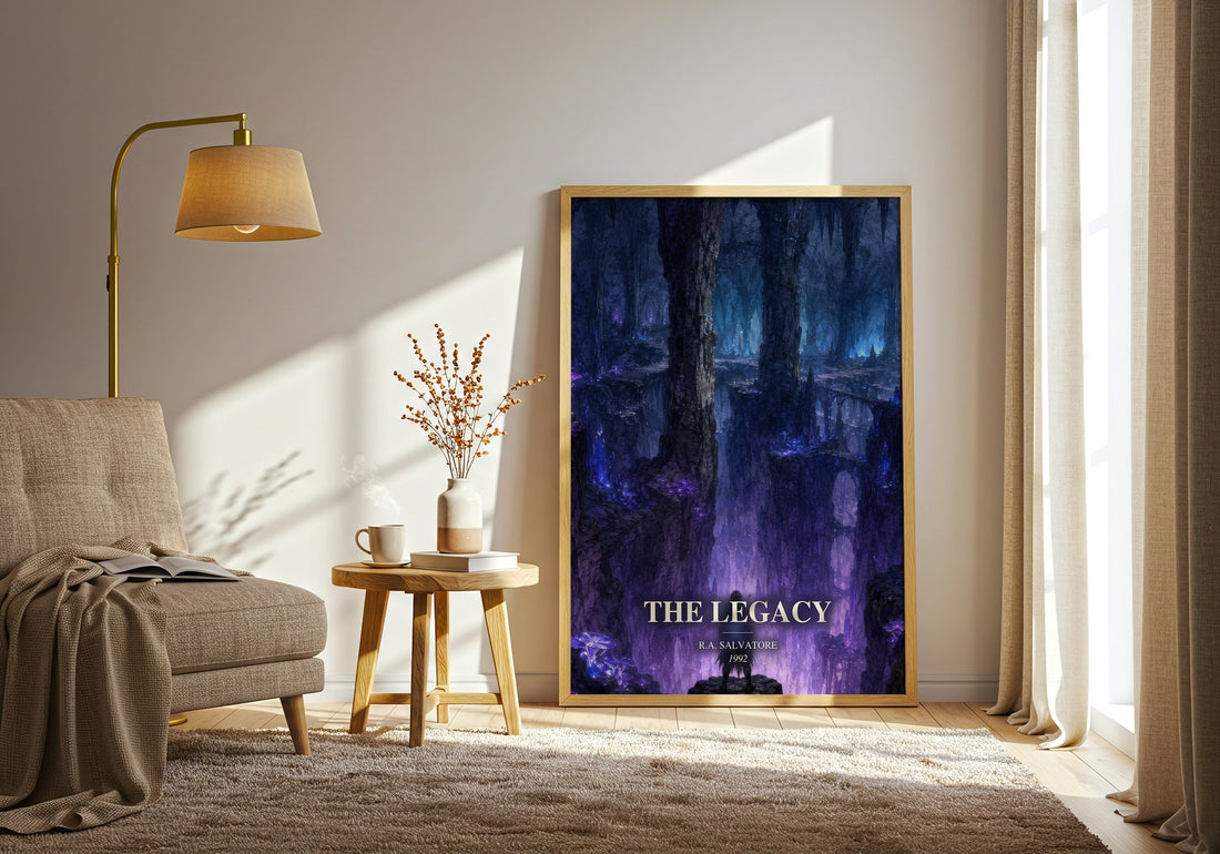 The Legacy watercolour print in frame leaning in hallway – fantasy wall art (mockup)