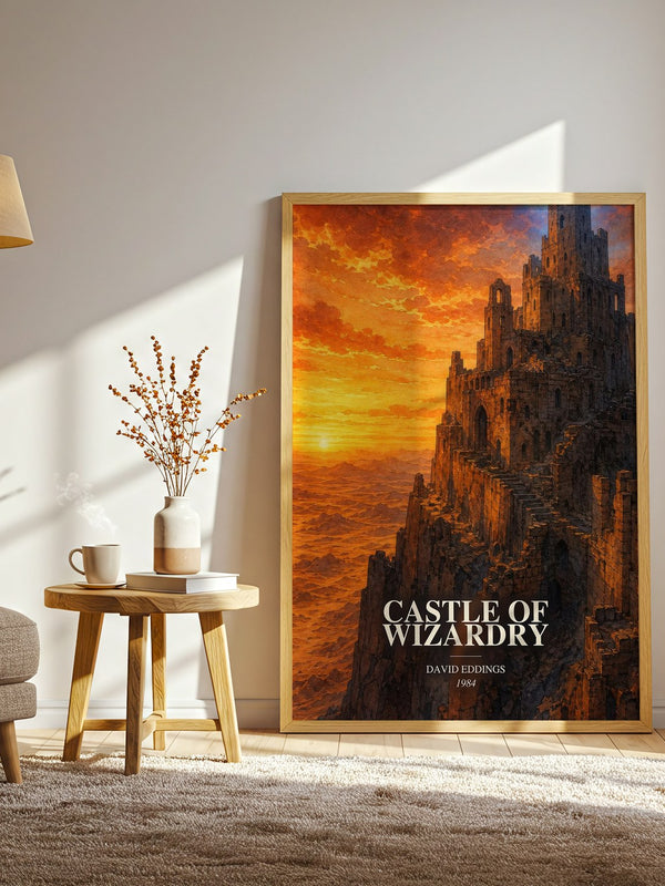 Castle of Wizardry watercolour print in frame leaning in hallway – fantasy wall art