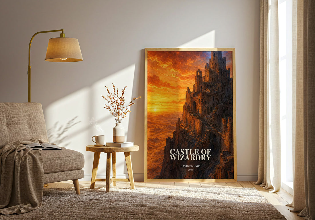Castle of Wizardry watercolour print in frame leaning in hallway – fantasy wall art (mockup)