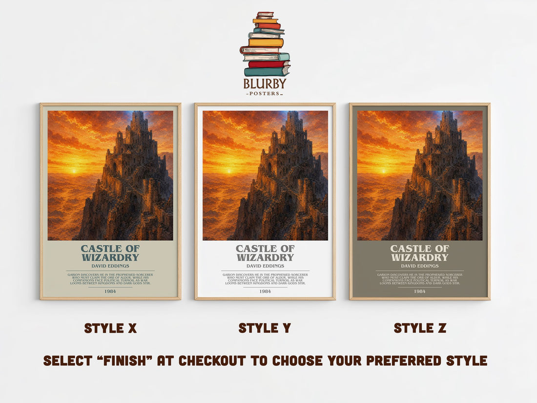 Castle of Wizardry bookish print in frame leaning in hallway – fantasy wall art (mockup)