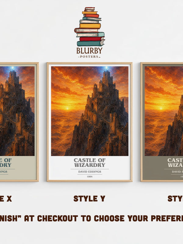 Castle of Wizardry book cover print in frame leaning in hallway – fantasy wall art
