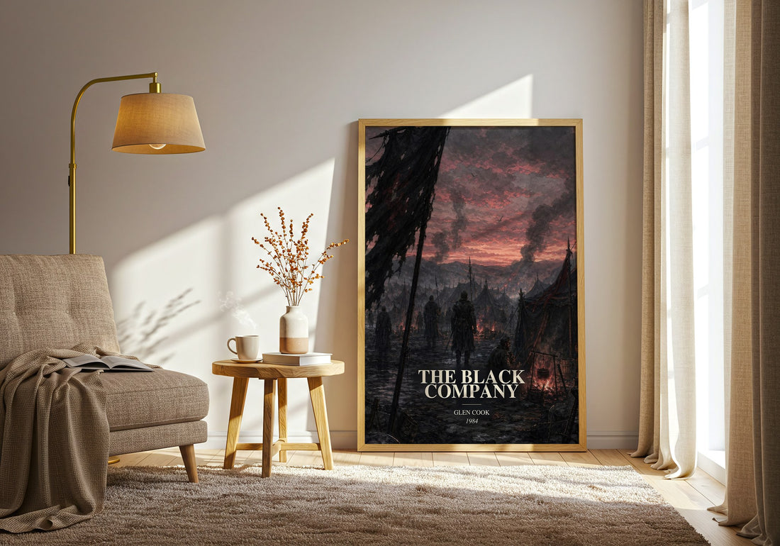 The Black Company watercolour print in frame leaning in hallway – fantasy wall art (mockup)