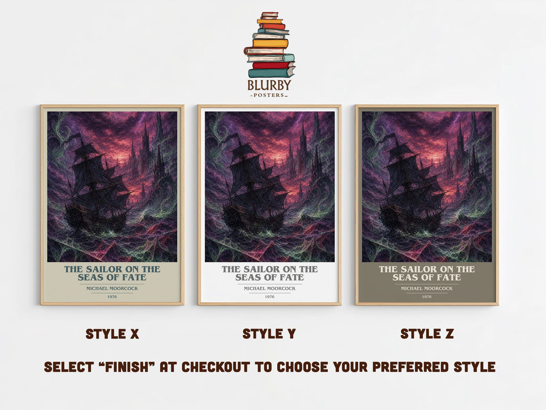 The Sailor on the Seas of Fate book cover print in frame leaning in hallway – fantasy wall art (mockup)