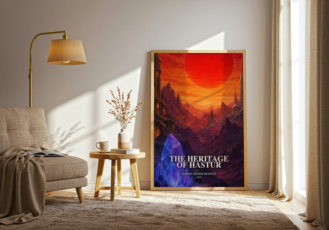 The Heritage of Hastur watercolour print in frame leaning in hallway – sci fi wall art (mockup)