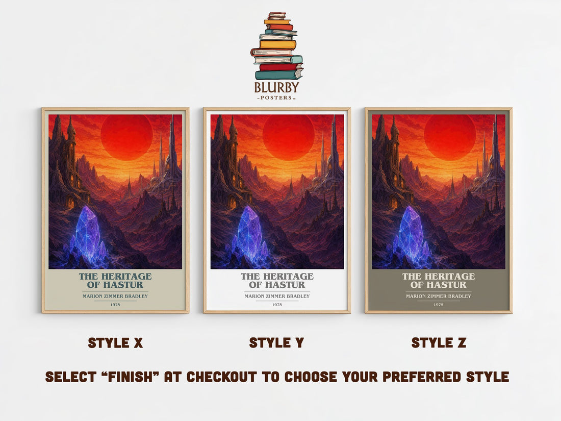 The Heritage of Hastur book cover print in frame leaning in hallway – sci fi wall art (mockup)