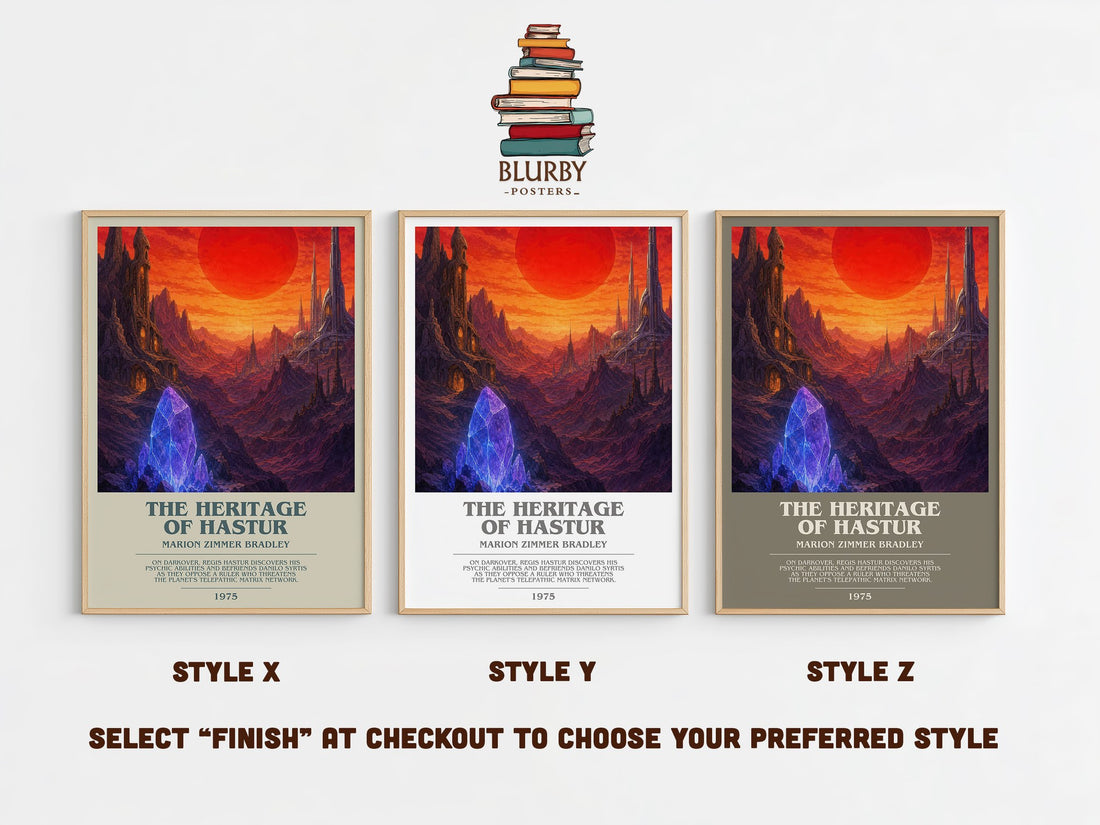 The Heritage of Hastur bookish print in frame leaning in hallway – sci fi wall art (mockup)