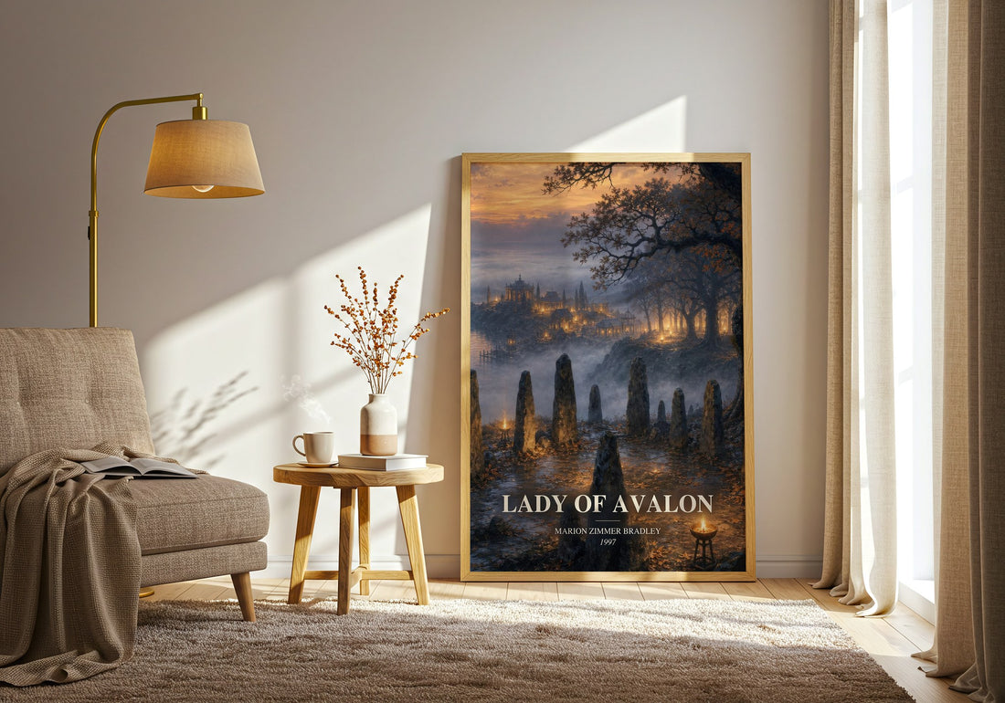 Lady of Avalon watercolour print in frame leaning in hallway – fantasy wall art (mockup)