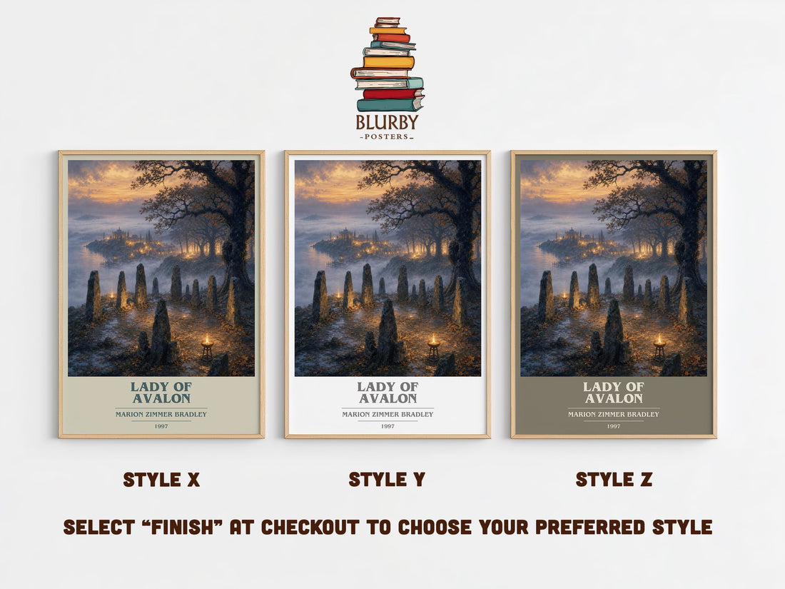 Lady of Avalon book cover print in frame leaning in hallway – fantasy wall art (mockup)