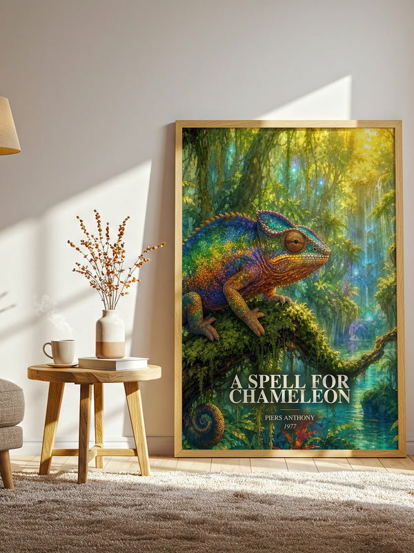 A Spell for Chameleon watercolour print in frame leaning in hallway – fantasy wall art